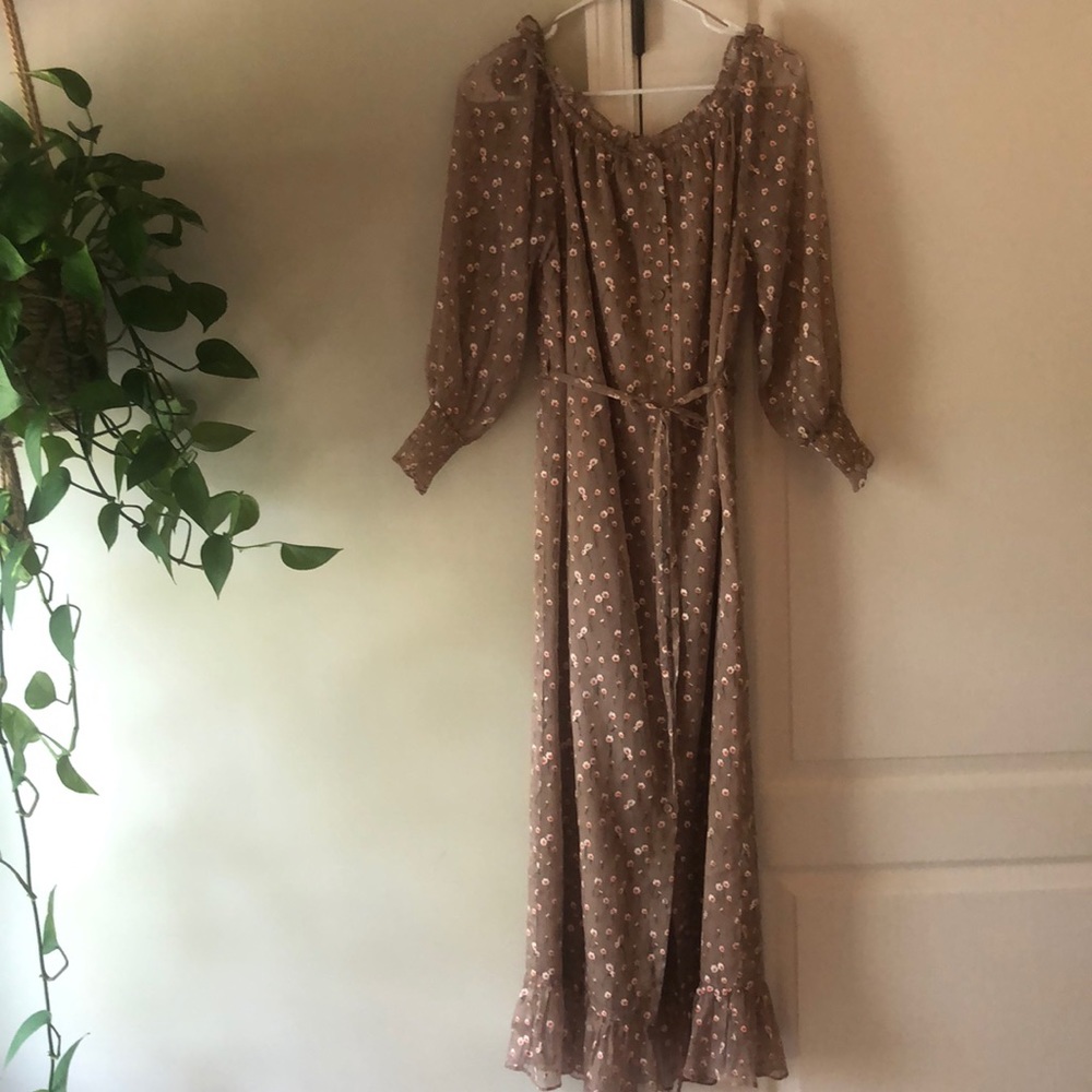 ASOS- off the shoulder khaki floral maxi dress
